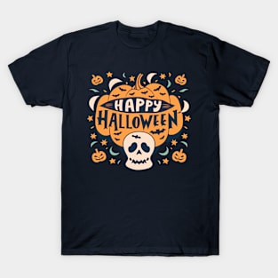 Halloween Skull and Pumpkin Design T-Shirt